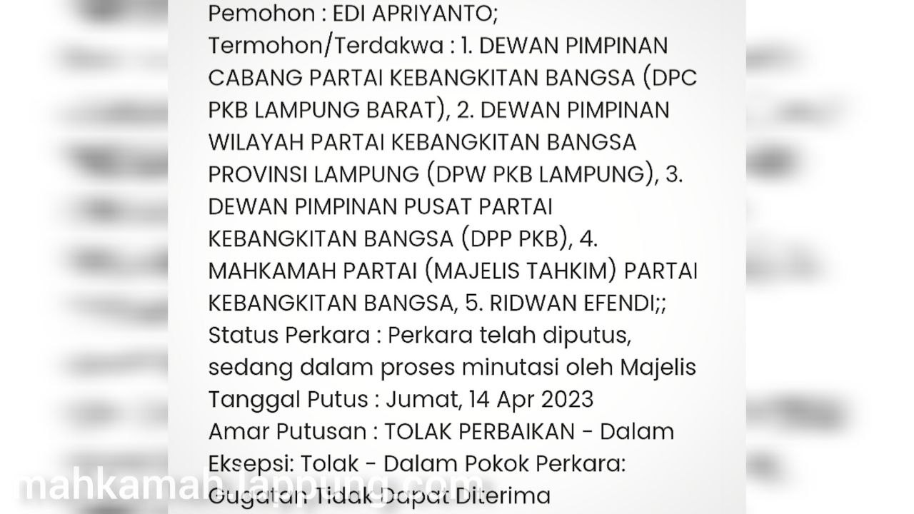Kasasi Gugatan Edi Apriyanto VS PKB Ditolak